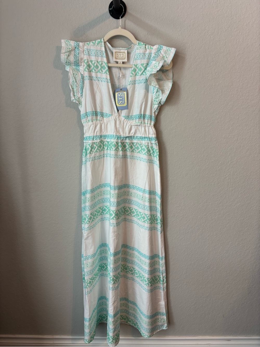 NWT Sail to Sable V-Neck Flutter Sleeve Maxi Dress Mint White XS - Picture 4 of 8